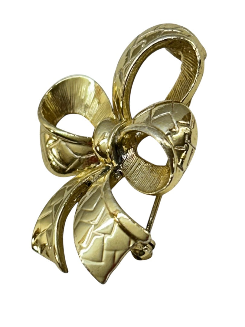 Textured Goldtone Bow Brooch Pin 1.75 Inch Holiday Special Occasion