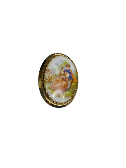 Vintage Fragonard Porcelain Cameo Brooch Pin Romantic Scene 1.9 Inch