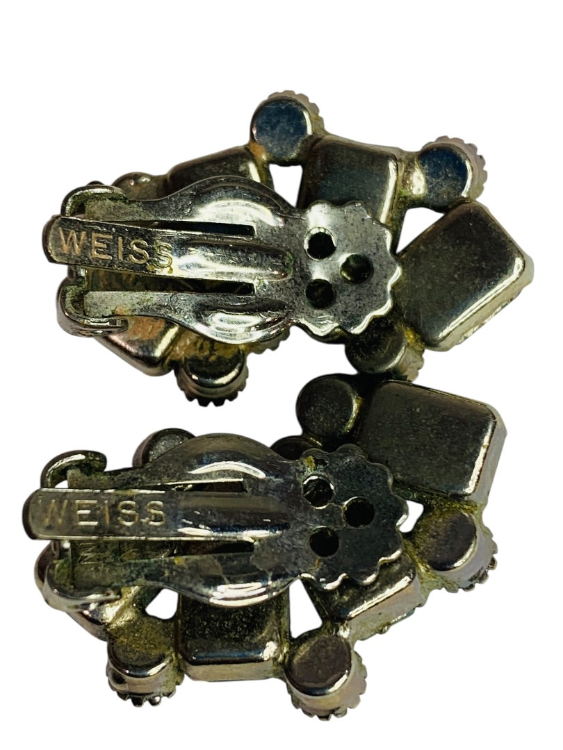 Signed Weiss Blue Crystal Earrings Clip On Non-Pierced 1.25 Inch Silvertone