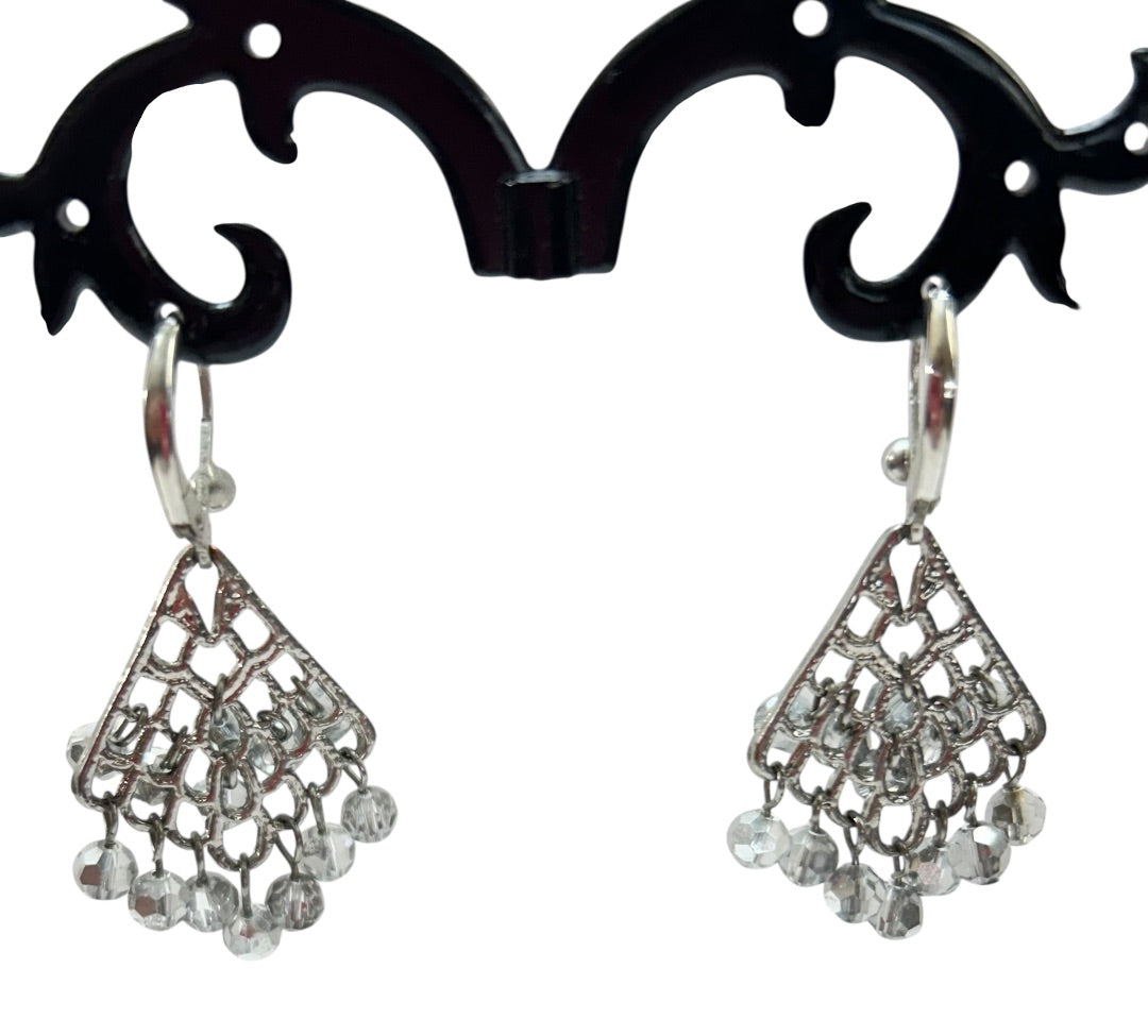 Silvertone Leverback Earrings Gray Crystals 1.5 Inch Drop Dangle