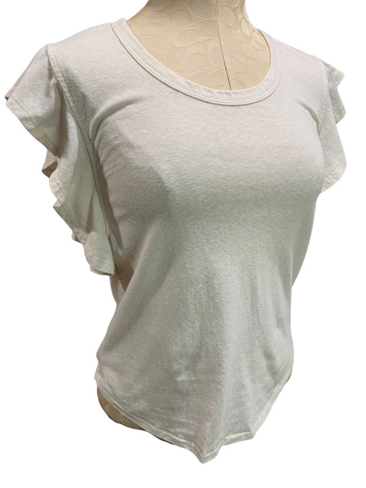XS Loft Womens Off White Ruffle Sleeve Tshirt Top Scoop Neck