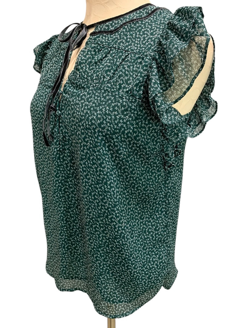 XS Loft Womens Emerald Green Popover Blouse Shirt Velvet Trim Floral