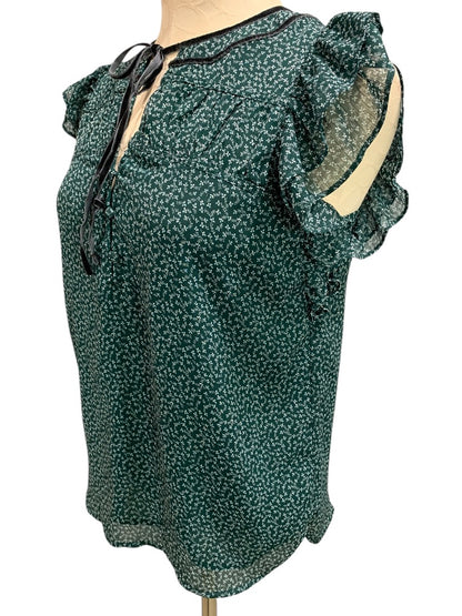 XS Loft Womens Emerald Green Popover Blouse Shirt Velvet Trim Floral