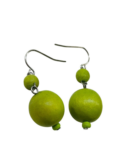Lime Green Wooden Beaded Fishhook Earrings 1.5" Drop Dangle Pierced