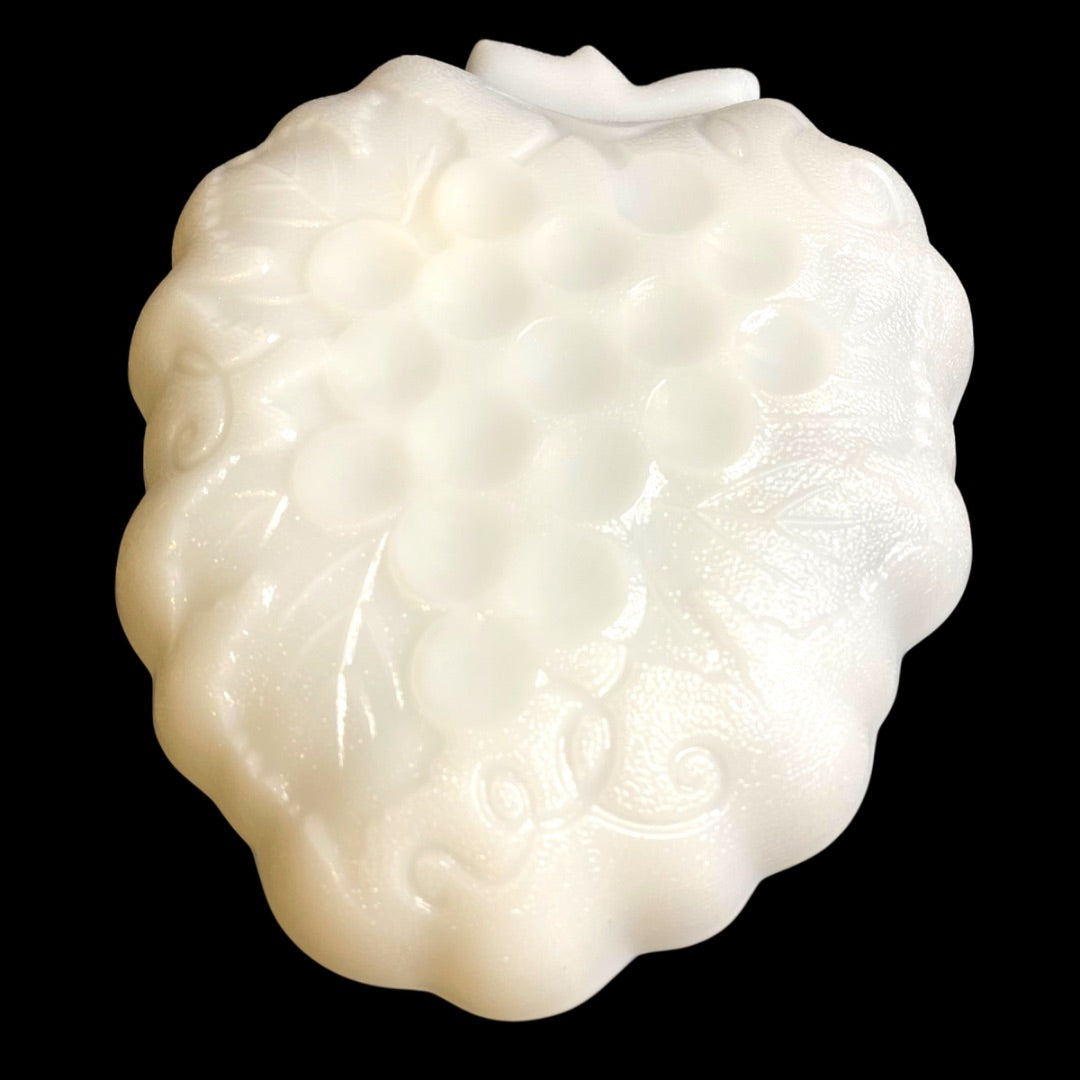 Hazel-Atlas Opaque Milk Glass Candy Dish Strawberry Grape 7" Sticker