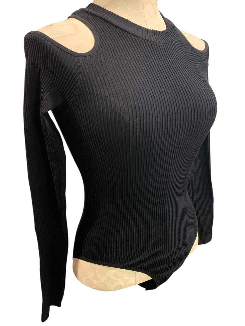 M/L Fashion Nova Womens Black Ribbed Bodysuit Cold Shoulder