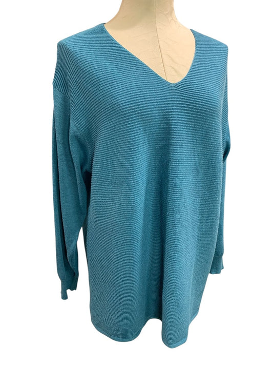 XL Ella Moss Womens V-Neck Sweater Teal Horizontal Ribbed Knit