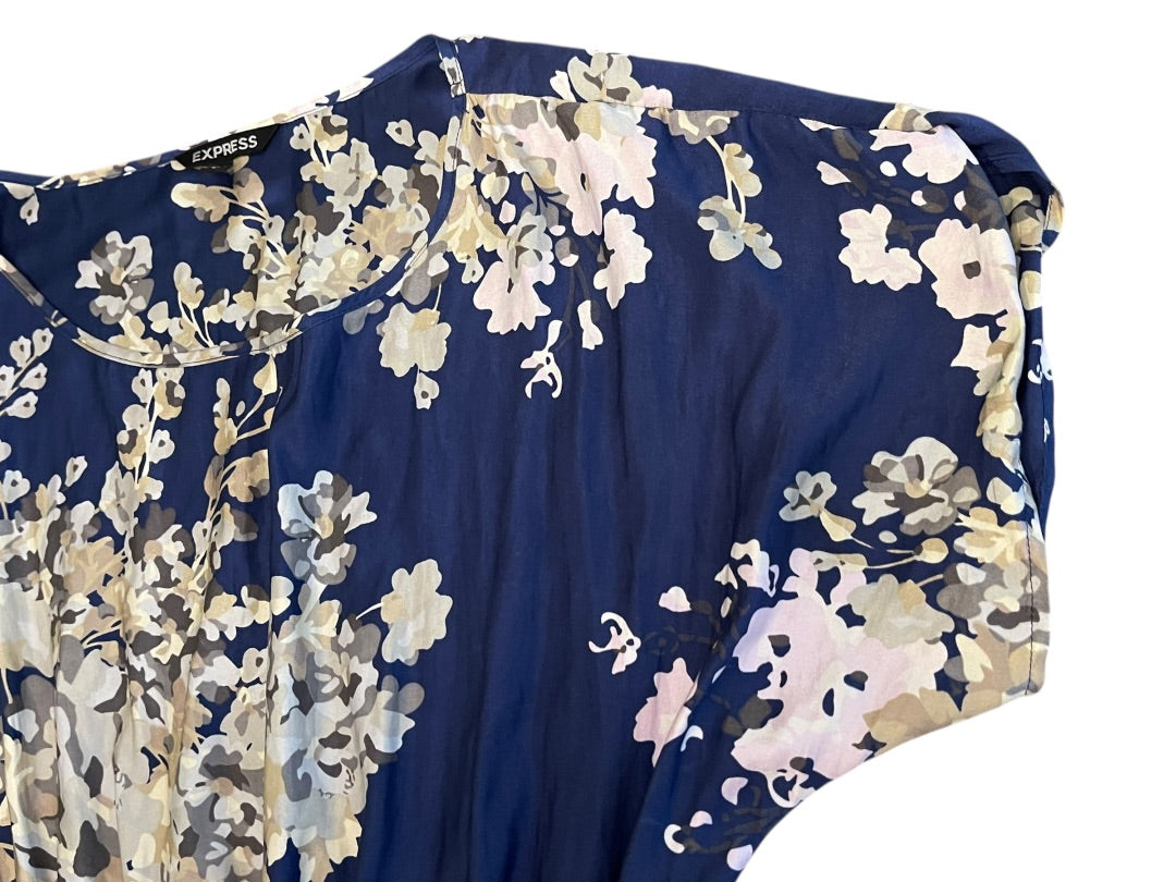 Large Express Floral Scoop Neck Elastic Waist Mini Dress Blue Pockets