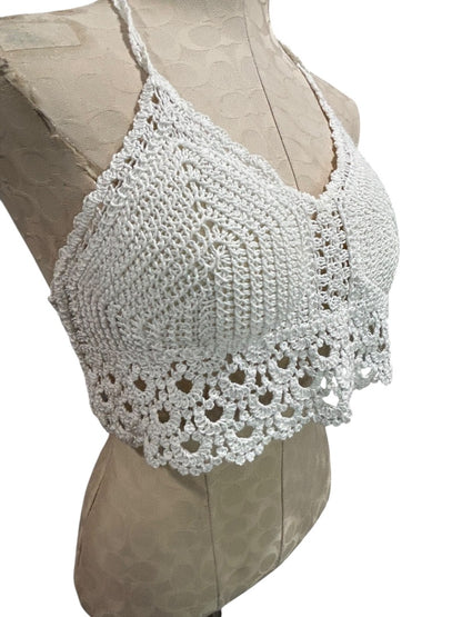 Small Crochet White Tie Crop Top Boho Padded