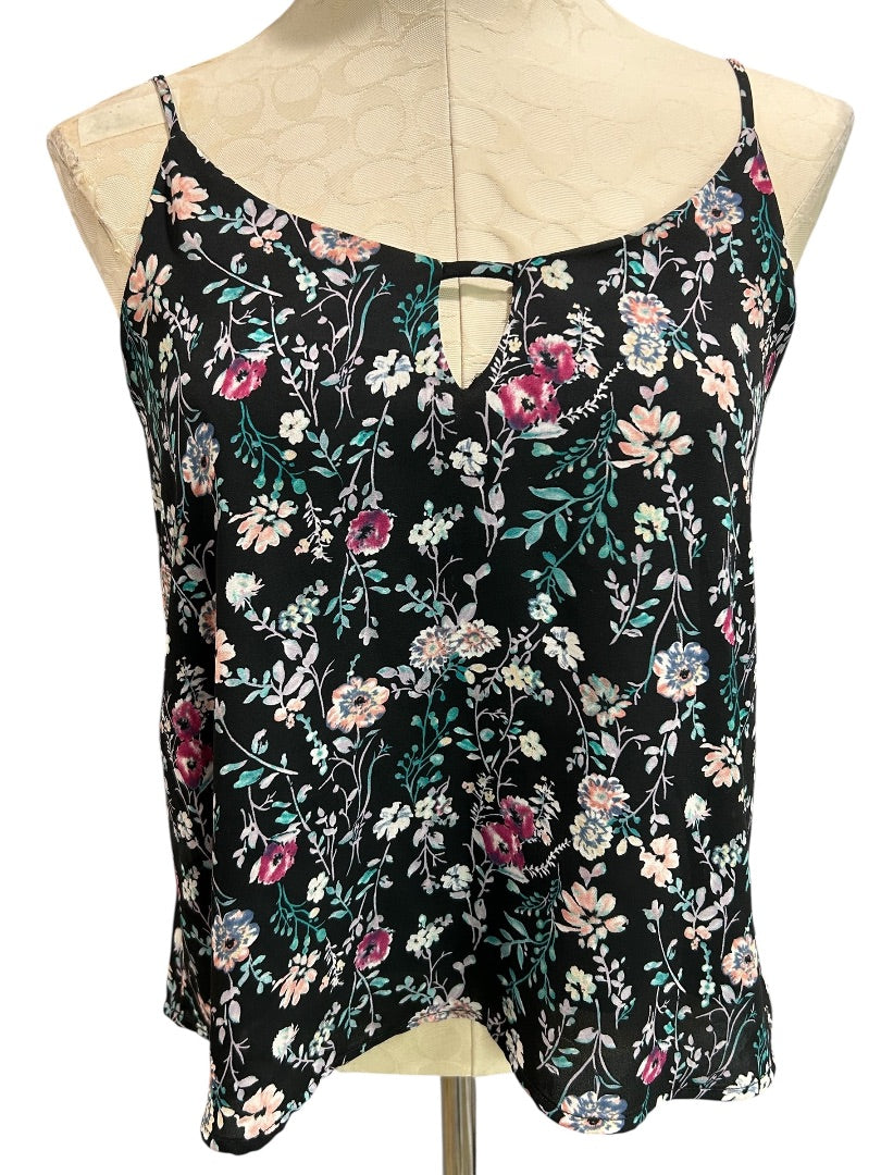 Small Lush Womens Navy Blue Floral Print Sleeveless Blouse Keyhole Neckline