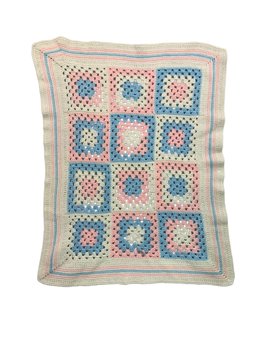 Vintage Baby Blanket Crocheted White Blue Pink Granny Square 39 x 30 Inch