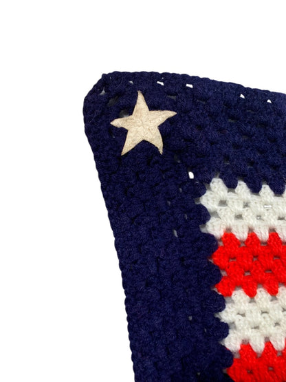 Vintage Crochet Patriotic USA Throw Blanket Afghan Stars Stripes 55" x 41"