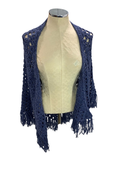Vintage Crochet Shawl Sparkle Blue Fringed Hand Crocheted