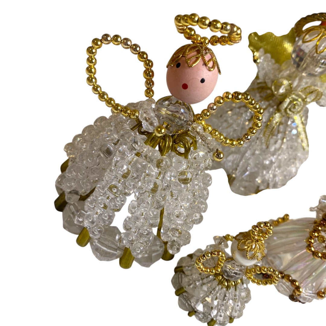 Set of 4 Vintage Beaded Angel Tabletop Ornaments 1.5"-3" Handmade