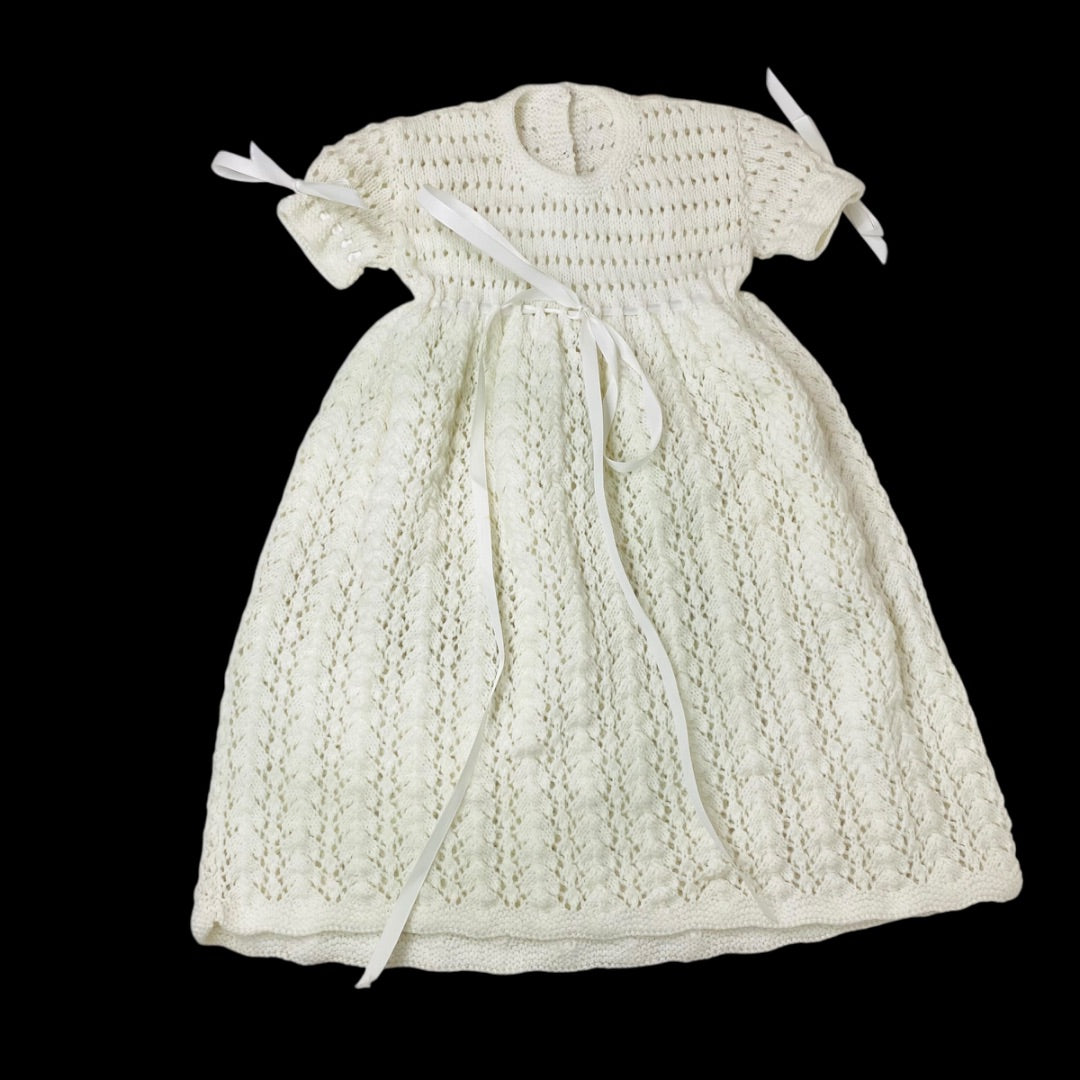 Vintage Infant Baby Dress Hand Crochet Knit White Ribbon Detail