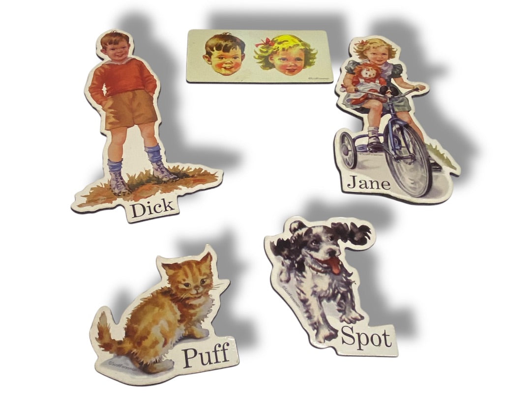 Set of 5 Dick and Jane Retro Magnets Scott Foresman Die-Cut Spot Puff