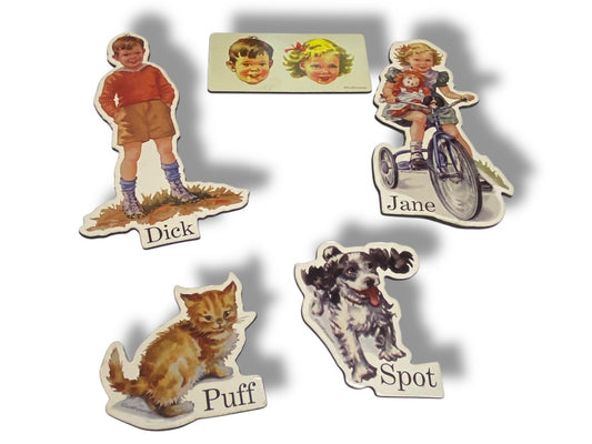 Set of 5 Dick and Jane Retro Magnets Scott Foresman Die-Cut Spot Puff