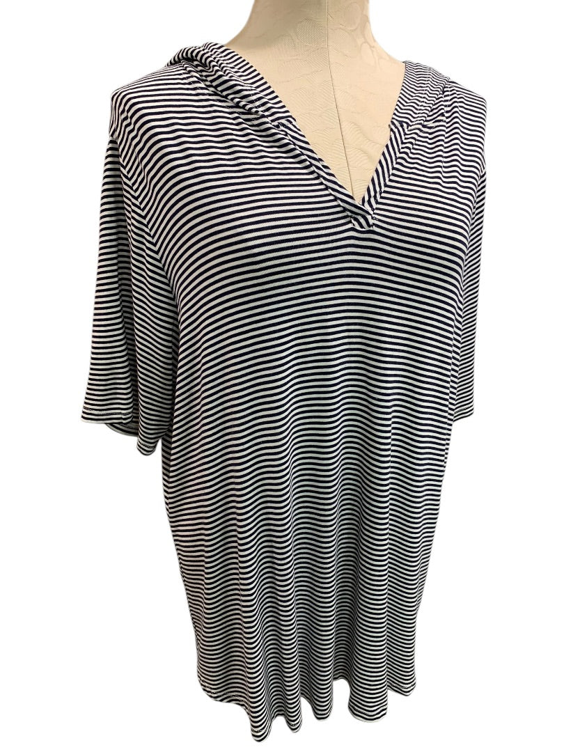 1X Kim & Cami Womens Striped Pullover Hoodie Short Sleeve Lightweight Black White