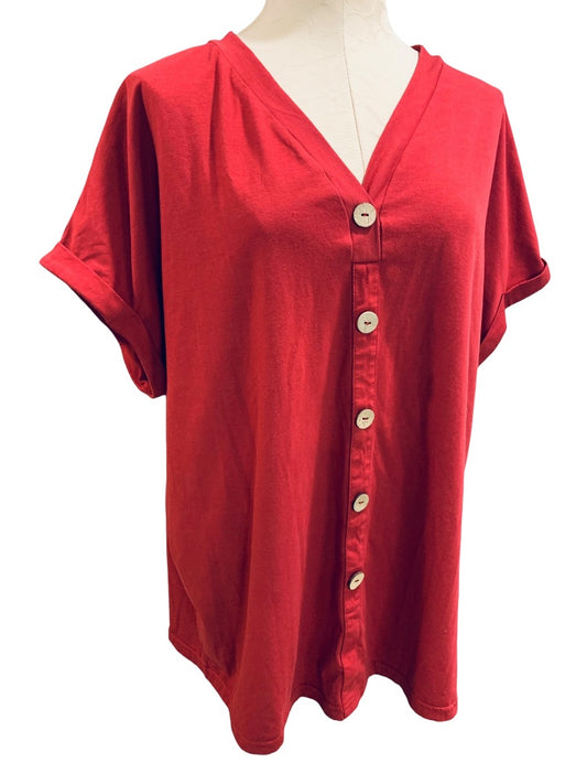 XXL Womens Red Short Sleeve Tshirt Button Embellished V-Neck Pullover