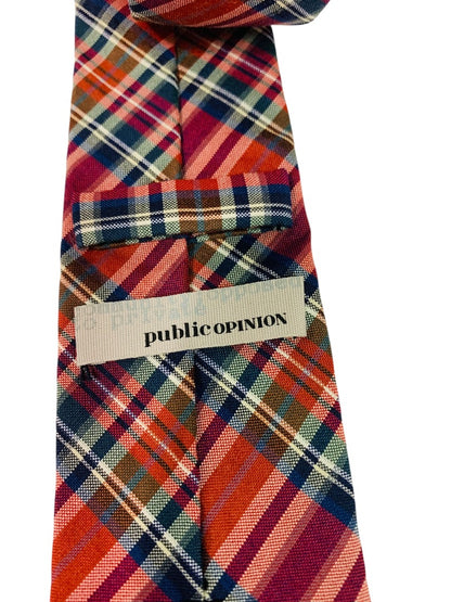 Public Opinion Mens Tie Necktie Red Plaid Wool Silk Blend 2.5" Width 58" Length