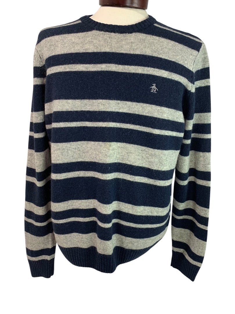 Large Penguin Munsingwear Mens Navy Blue Gray Striped Sweater Wool Blend