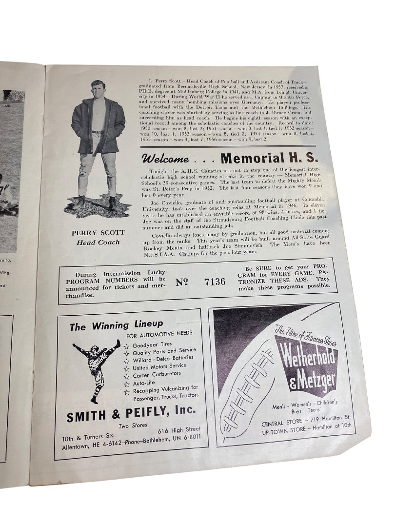 1957 Allentown High School Football Program vs Memorial October 12 PA
