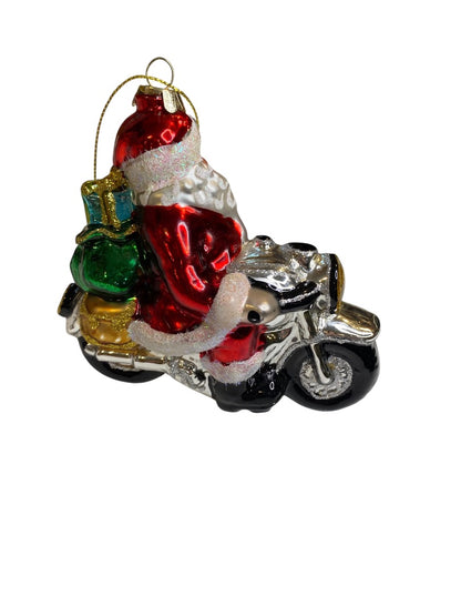 Handblown Glass Biker Santa Ornament Motorcycle Christmas 5" Length