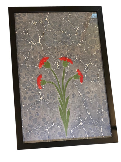 Turkish Ebru Painting Marbling Framed Flowers 17.5" x 11.5" Red Blue