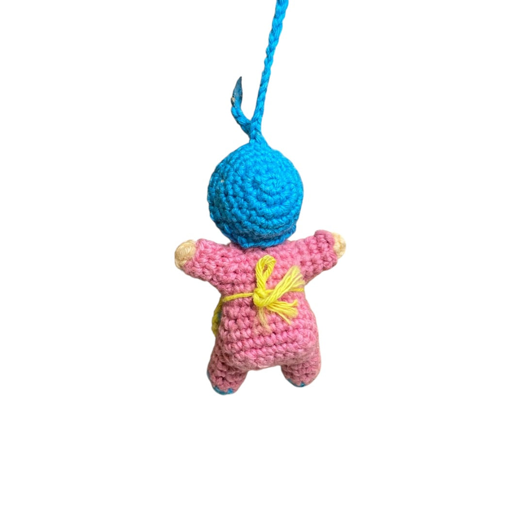 Vintage Amigurumi Japanese Miniature Crochet Baby Girl Doll 2" Silk Face Hanging
