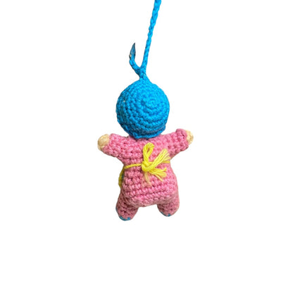 Vintage Amigurumi Japanese Miniature Crochet Baby Girl Doll 2" Silk Face Hanging