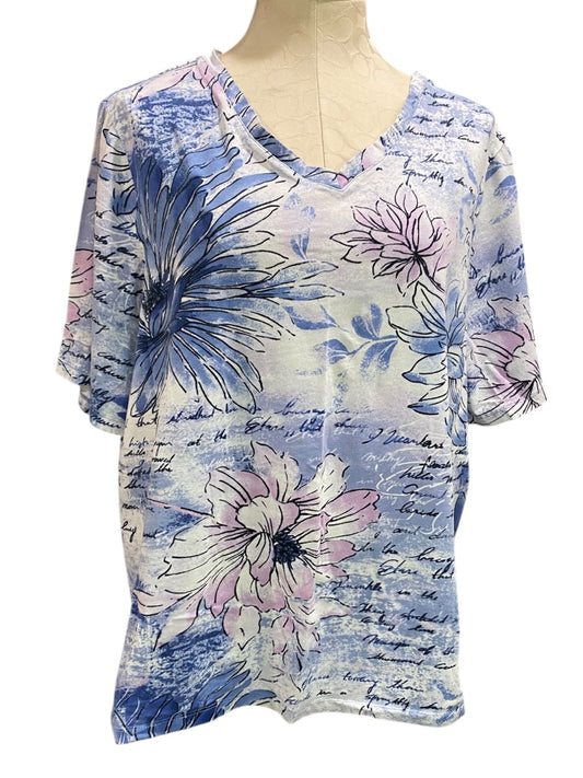 1X Liz & Me Womens Floral Print V-Neck Tshirt Short Sleeve