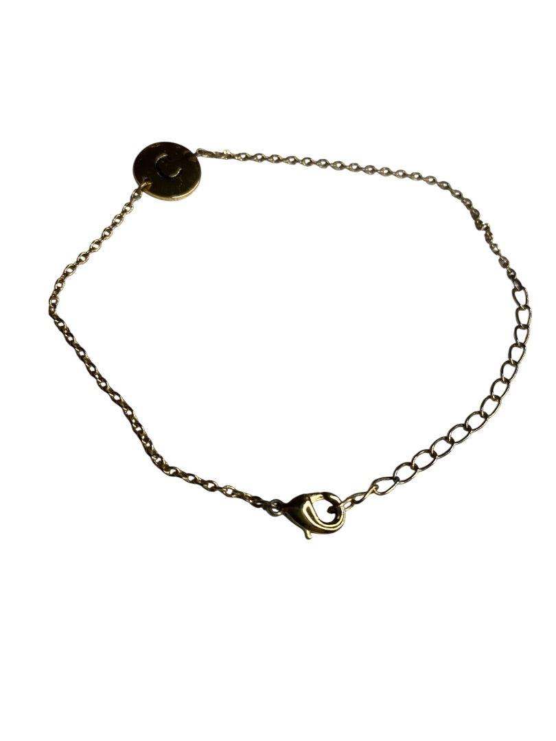 Delicate Goldtone Chain Bracelet "C" Charm Medal 5.5-7.5"