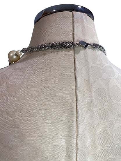 Talbots Chunky Silvertone and Faux Pearl Beaded Necklace 29" Long
