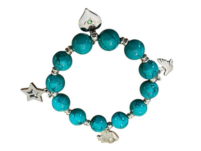 Beaded Stretch Silvertone Fish Dove Star Religious Stretch Bracelet Bright Blue