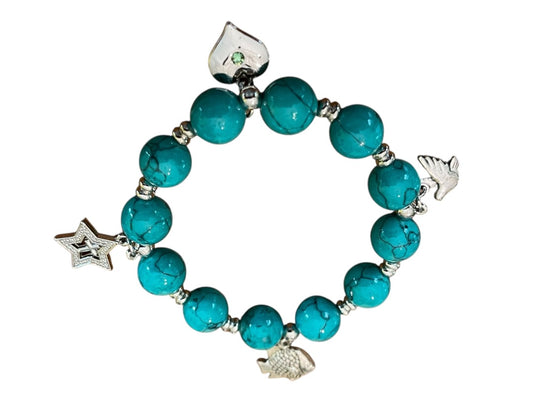 Beaded Stretch Silvertone Fish Dove Star Religious Stretch Bracelet Bright Blue