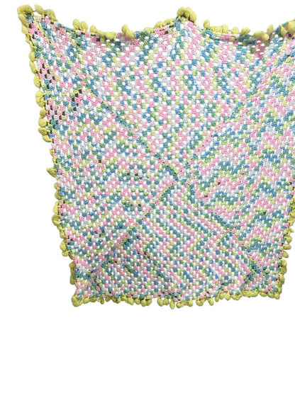 Vintage Crochet Baby Blanket Pastels 44" Square Yellow Pom Pom Trim