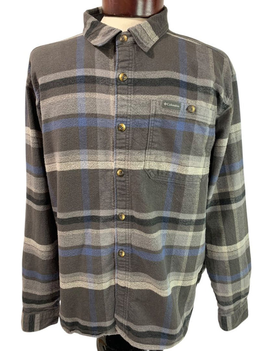 XL Columbia Mens Pitchstone Heavy Weight Flannel Shirt Gray Plaid