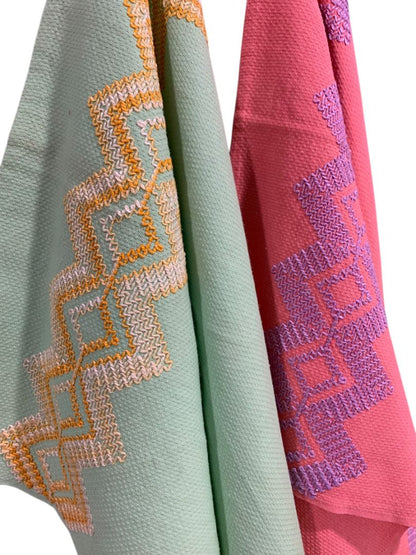 Set of 2 Pink Green Vintage Kitchen Towels Embroidered 23" x 16.5"