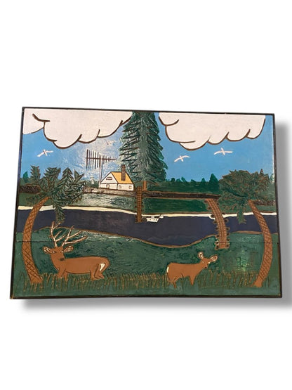 Vintage Carved Wooden Nature Scene Enameled Paint 22" x 16"