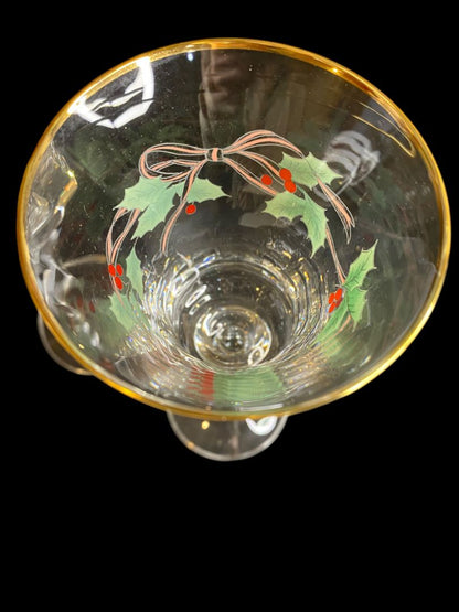 Vintage Mikasa Set of 2 Wine Glasses Holly Berry Ribbon Gold Trim