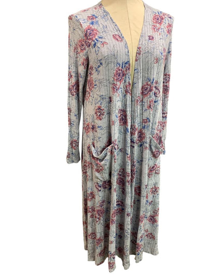 Small LulaRoe Womens Sarah Duster Long Cardigan Gray Floral Pockets