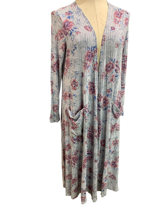 Small LulaRoe Womens Sarah Duster Long Cardigan Gray Floral Pockets