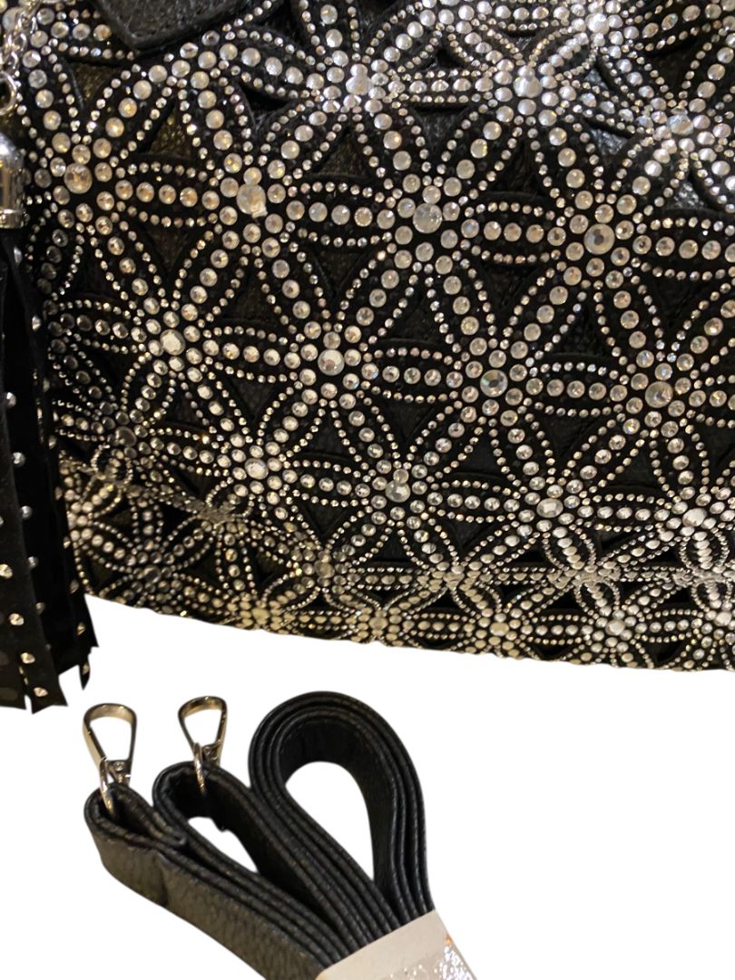 New Black Handbag Tote Rhinestone Bling Detachable Shoulder Strap
