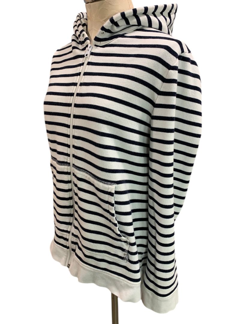 Size XL T by Talbots Womens Zip Up Hoodie Sweatshirt Navy Blue White Stripe