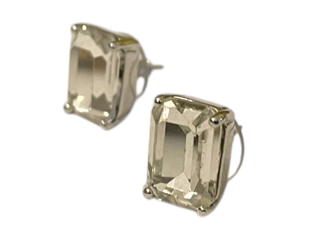 Emerald Cut Stud Post Pierced Earrings Clear .5" (14mm) Silvertone Setting