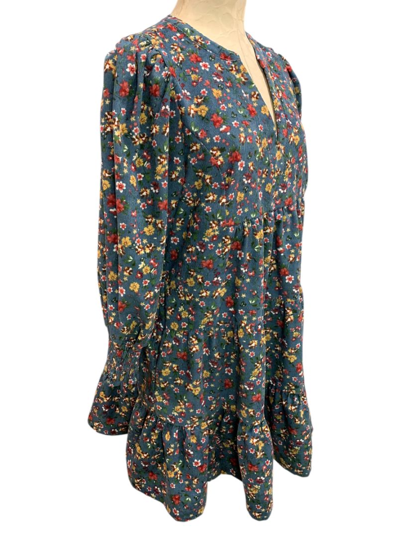 Size Medium Umgee Floral Corduroy Dress Pockets Blue V-Neck