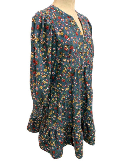 Size Medium Umgee Floral Corduroy Dress Pockets Blue V-Neck