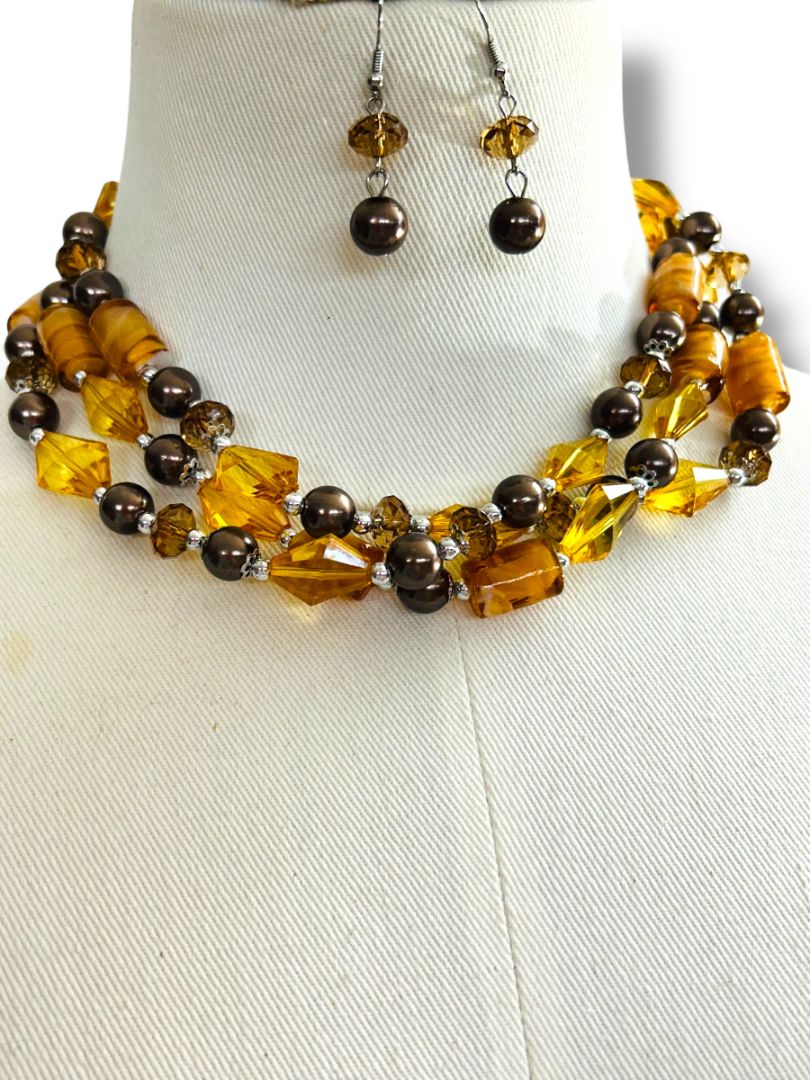 Amber Color Multistrand Acrylic Beaded Necklace Earring Set New