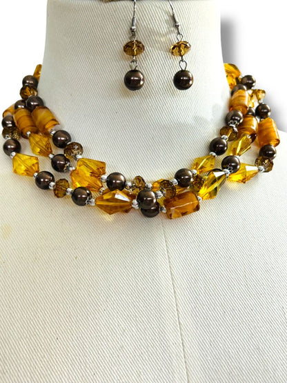 Amber Color Multistrand Acrylic Beaded Necklace Earring Set New