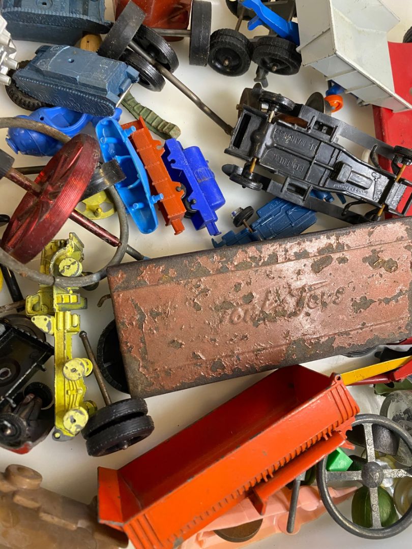 Vintage Toy Parts Pieces Scrap Junk Lot Wheels Hats Tires Plastic Tin